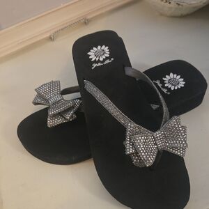 Yellow Box Black Sandals with Silver Glitter Bow